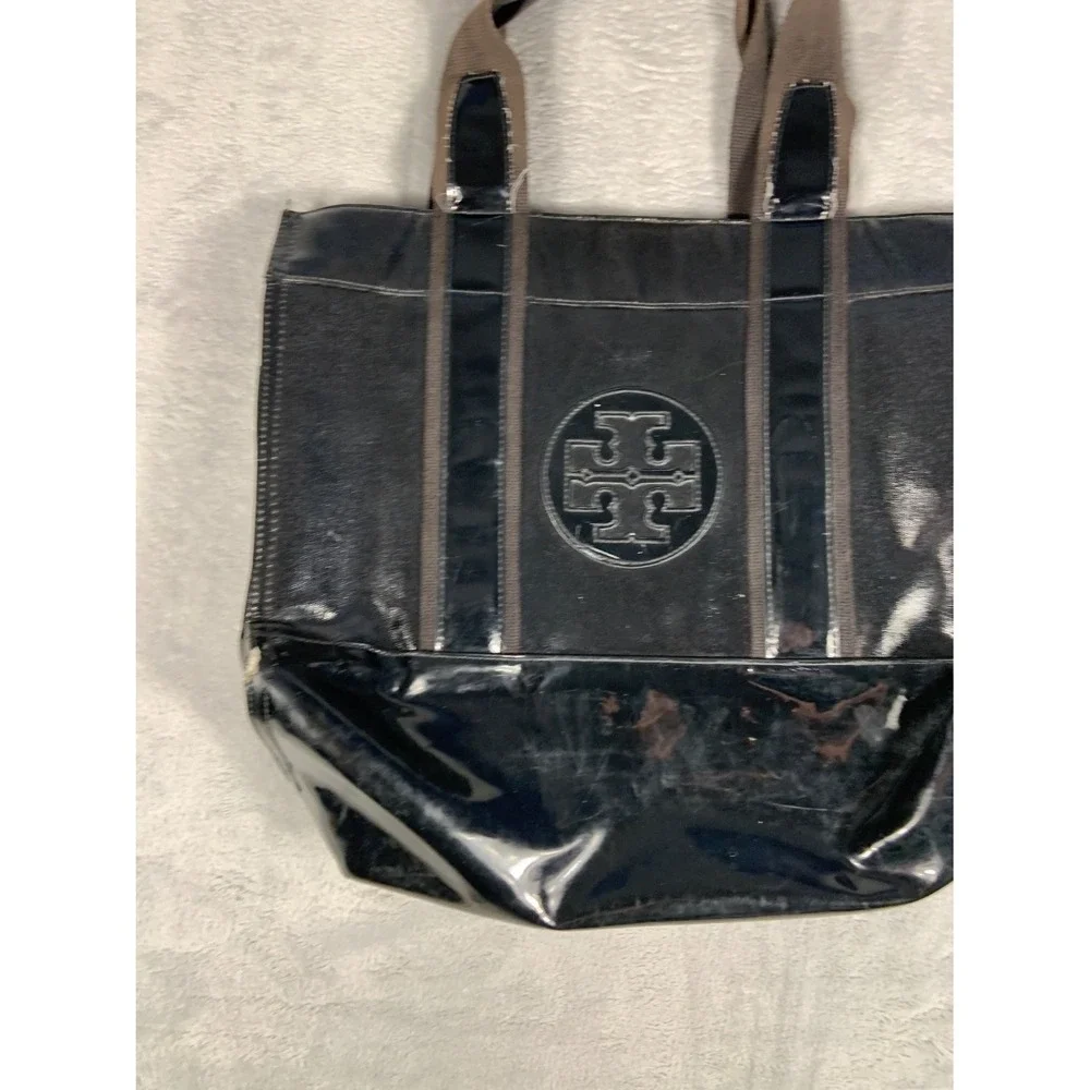 Tory Burch Ella Tote Bag Black Patent Leather Large Shoulder Logo